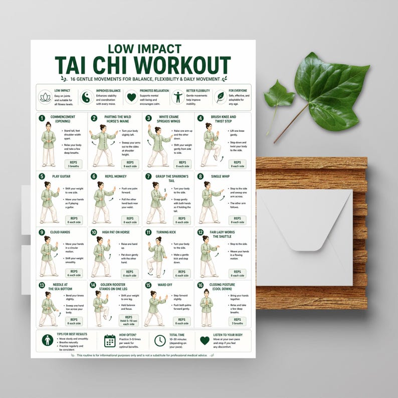 May include: A white poster titled "Low Impact Tai Chi Workout" with 16 gentle movements for balance, flexibility, and daily movement. The poster includes illustrations and instructions for each movement. A white envelope and green leaves are on a wooden surface.