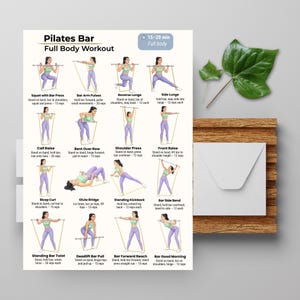 May include: A Pilates Bar Full Body Workout guide with 15 illustrated exercises. The exercises include squats, lunges, and various arm and leg movements using a resistance band. The guide is on a white background with a green leaf and a white envelope.