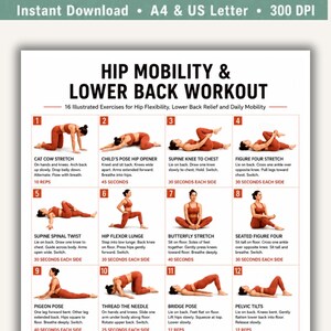 May include: A printable digital download titled "HIP MOBILITY & LOWER BACK WORKOUT" with 16 illustrated exercises. The exercises are demonstrated with a person in various yoga poses. The text includes exercise names and durations.