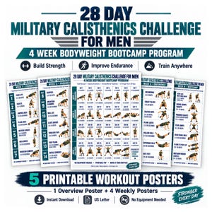 May include: A set of five printable workout posters titled 28 Day Military Calisthenics Challenge for Men, featuring a 4 week bodyweight bootcamp programme. The posters include daily exercise routines, illustrations of movements, and text instructions.