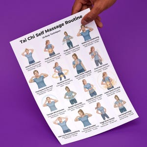 Tai Chi self massage routine printable showing energy flow exercises and gentle movement chart for daily practice