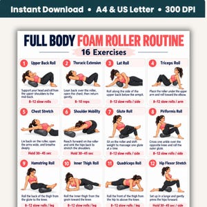 以下が含まれることがあります： 「Full Body Foam Roller Routine」と題されたデジタルポスター。ピンクと黒のスポーツウェアを着た人物が黒いフォームローラーを使用する16種類の運動のイラストが描かれています。各動作のステップバイステップの説明文が記載されています。