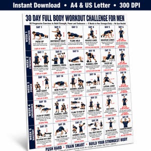 Reto de entrenamiento de cuerpo completo de 30 días para hombres (imprimible), programa de fuerza y potencia de 5 semanas en PDF, póster de fitness para gimnasio en casa, descarga instantánea.
