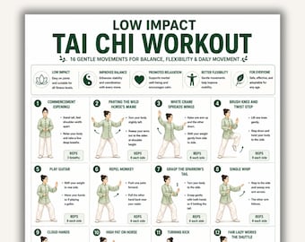 Tai Chi Exercises Printable, 16 Movement Routine, Low Impact Workout Chart, Daily Movement Plan, Tai Chi Poses PDF