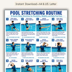 May include: A printable guide titled "POOL STRETCHING ROUTINE" with 12 illustrated water exercises for flexibility and mobility. Each exercise shows a person in a pool demonstrating the stretch, with instructions and time recommendations.
