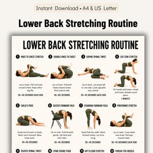 Peut inclure: Un guide imprimable intitulé "Routine d'étirements du bas du dos" avec 12 exercices illustrés. Chaque exercice montre une personne démontrant l'étirement, avec des instructions et des recommandations de temps. Le guide est téléchargeable instantanément.