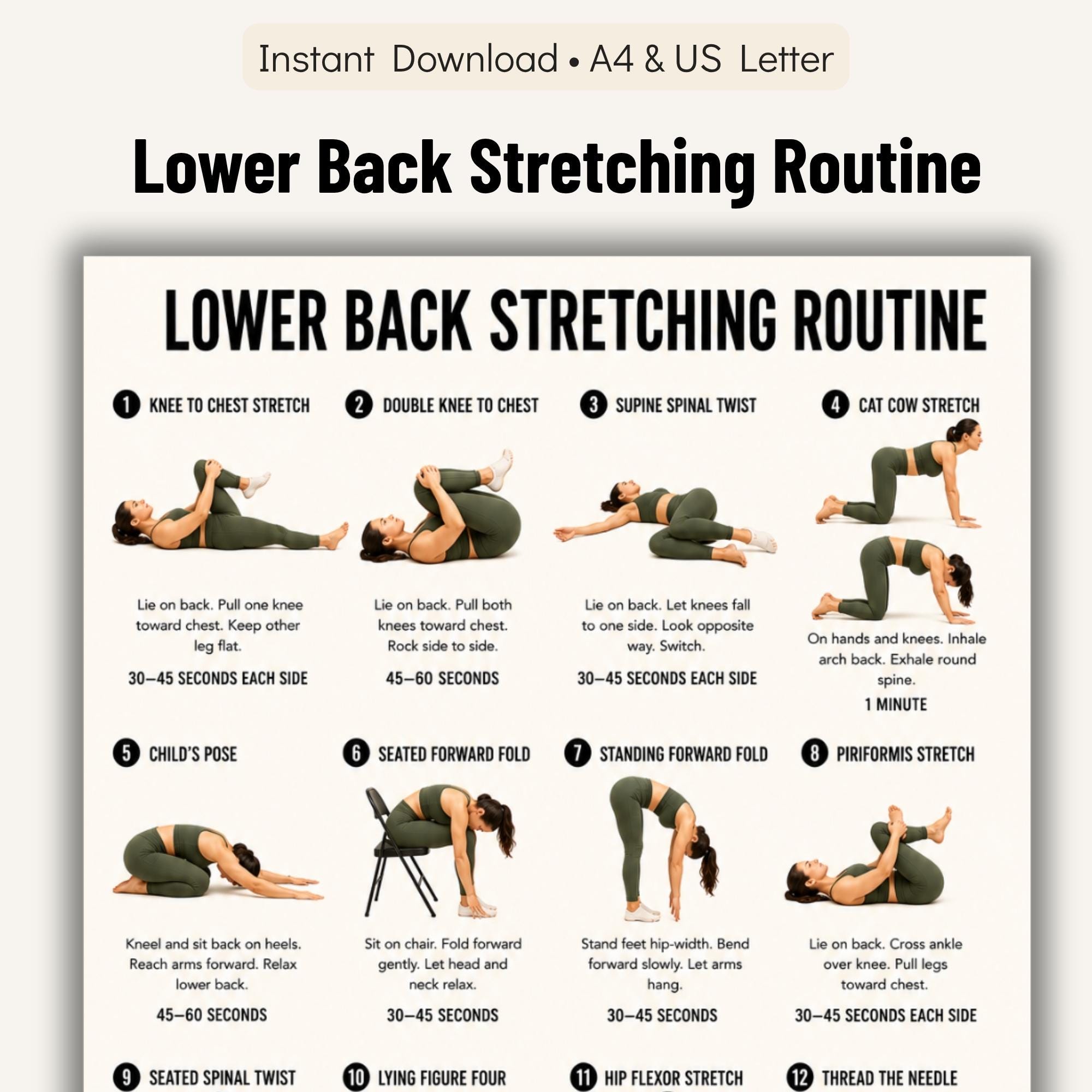 Lower Back Stretching Routine Printable Chart, 16 Gentle Stretches to ...