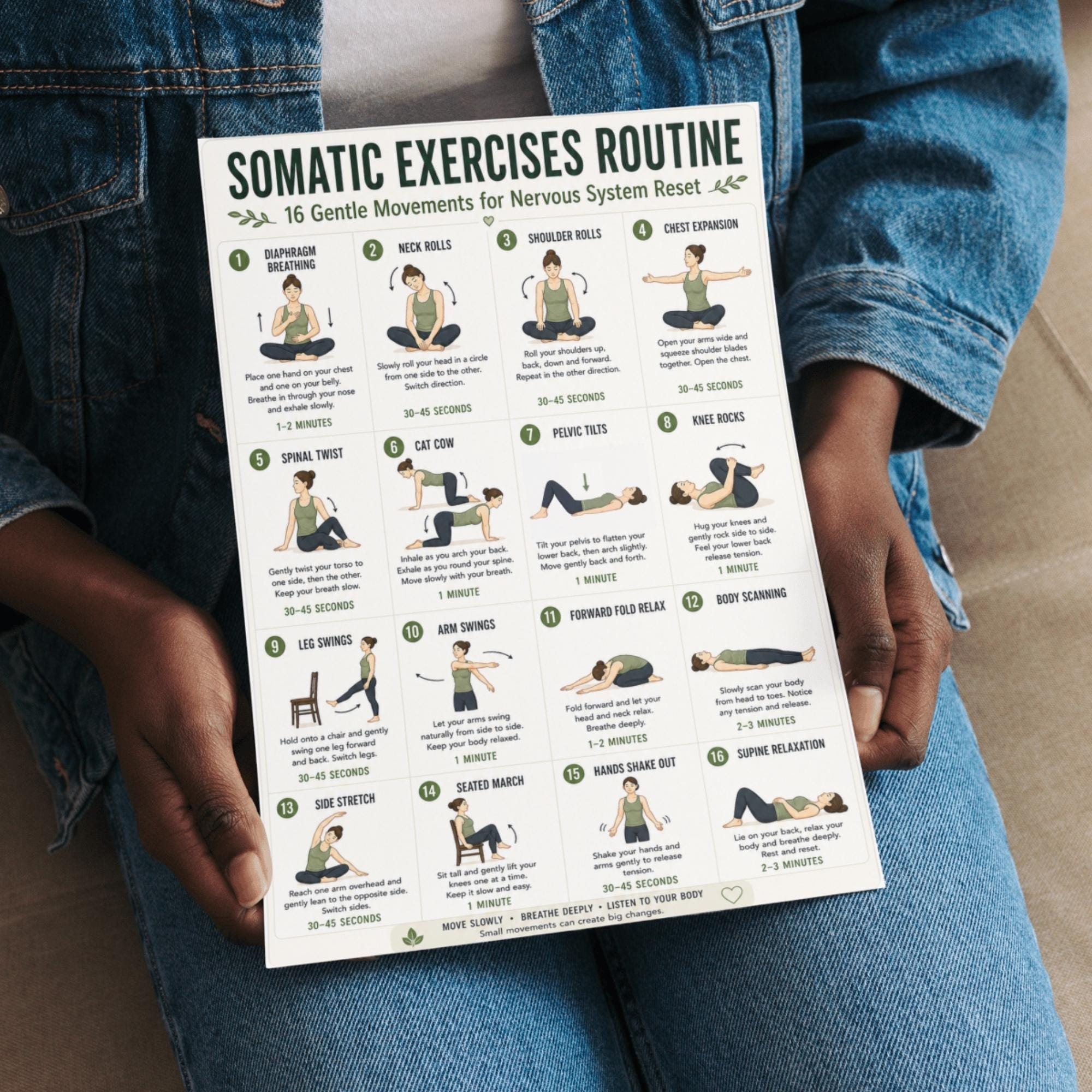 Relaxation Exercise Chart Somatic Exercises Printable Chart, 16 Gentle Movements for Relaxation ...