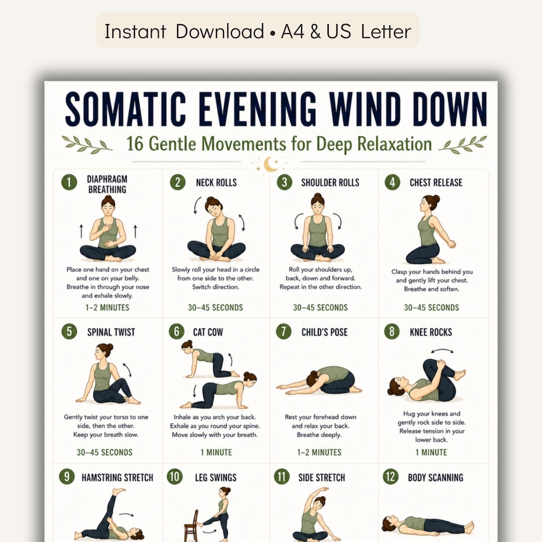 Relax Chart Somatic Evening Routine Printable Chart, 16 Gentle Movements for Deep ...