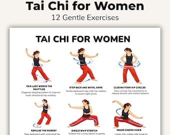 Tai Chi for Women Printable Chart, 12 Gentle Tai Chi Exercises, Daily Movement Routine, Beginner Tai Chi Poster