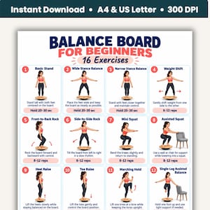 Könnte beinhalten: Ein digitales Lehrplakat mit dem Titel Balance Board for Beginners 16 Exercises. Es enthält zwölf nummerierte Illustrationen einer Person, die verschiedene Übungen auf einem Balance-Board demonstriert, einschließlich Kniebeugen und Text.