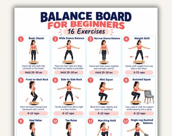 May include: A digital instructional poster titled Balance Board for Beginners 16 Exercises. It features twelve numbered illustrations of a person demonstrating various balance board movements, including basic stands, squats, and heel raises with text.