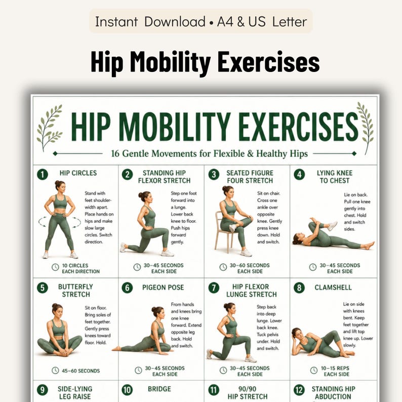 Hip Mobility Exercises Printable Chart, 16 Gentle Movements for ...