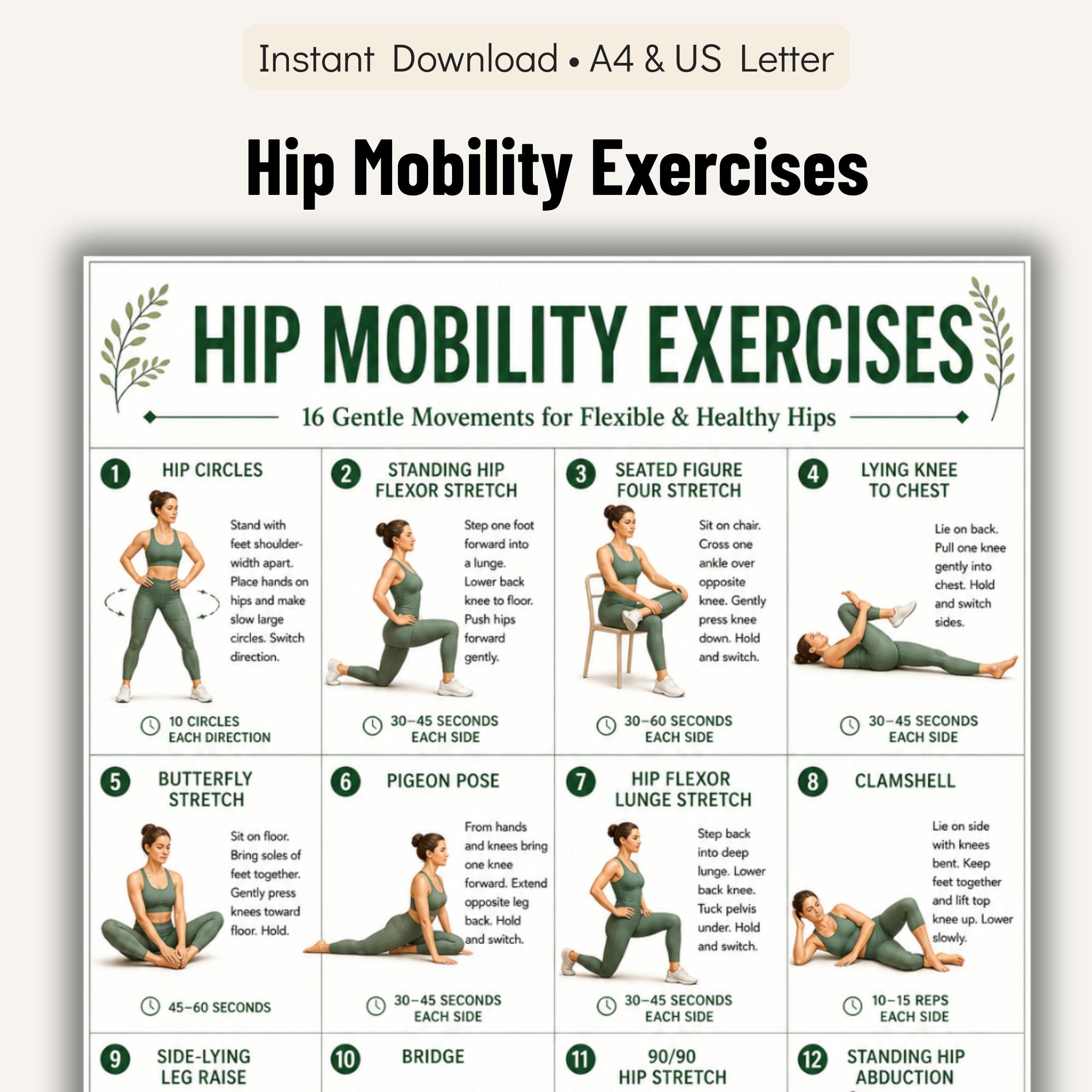 Hip Mobility Exercises Printable Chart, 16 Gentle Movements for ...