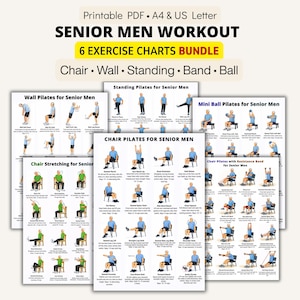 Op de afbeelding: Een bundel van zes afdrukbare oefenkaarten voor senioren, met oefeningen voor stoel, muur, staan, band en bal. De kaarten zijn voorzien van de tekst "SENIOR MEN WORKOUT" en zijn beschikbaar in PDF-formaat voor A4- en US Letter-formaten.