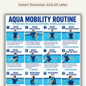 Może przedstawiać: Cyfrowy wydruk zatytułowany "AQUA MOBILITY ROUTINE" z 16 delikatnymi ruchami w wodzie dla mobilności stawów, elastyczności i letniego samopoczucia. Wydruk zawiera ilustracje ćwiczeń, w tym krążenia kostki, kolana i biodra. Natychmiastowe pobieranie.