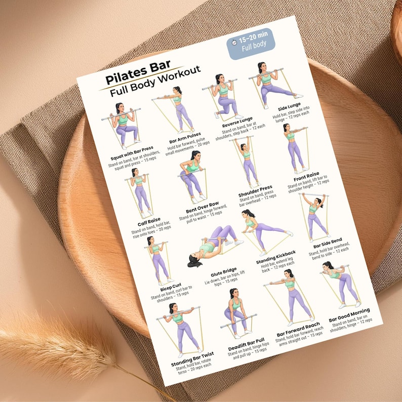 May include: A Pilates Bar Full Body Workout guide with illustrations of various exercises. The exercises include squats, lunges, rows, and presses, with instructions for each. The guide is on a white paper with a wooden plate in the background.