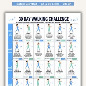 Könnte beinhalten: Eine druckbare 30-Tage-Walking-Challenge-Tabelle. Die Tabelle ist für eine bessere Gesundheit, Energie und das tägliche Wohlbefinden konzipiert. Sie enthält tägliche Walking-Routinen mit unterschiedlichen Intensitätsstufen und Ruhetagen.