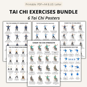 Puede incluir: Un paquete de seis carteles de ejercicios de Tai Chi. Los carteles incluyen instrucciones para la movilidad, la respiración, la coordinación, el equilibrio en silla, la fuerza en silla y las rutinas matutinas. El texto en la parte superior dice "TAI CHI EXERCISES BUNDLE" y "6 Tai Chi Posters".
