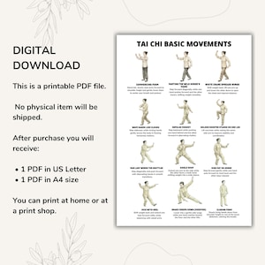 May include: A digital download print featuring Tai Chi basic movements. The print includes illustrations of various Tai Chi poses with descriptive text. The text includes "DIGITAL DOWNLOAD" and "This is a printable PDF file."