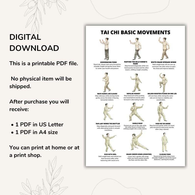 May include: A digital download print featuring Tai Chi basic movements. The print includes illustrations of various Tai Chi poses with descriptive text. The text includes "DIGITAL DOWNLOAD" and "This is a printable PDF file."