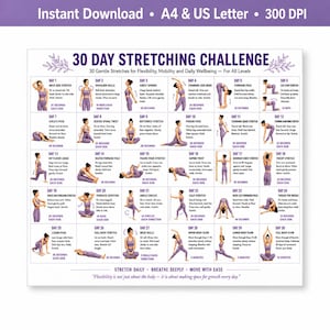 May include: A printable 30-day stretching challenge poster with a white background. The poster features a grid layout with illustrations and instructions for various stretches. Text includes "30 DAY STRETCHING CHALLENGE" and "Instant Download".