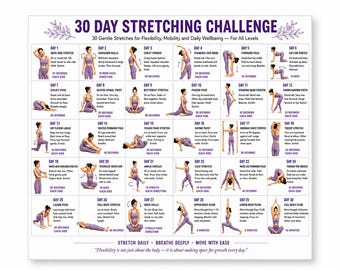 30 Day Stretching Challenge Printable Chart, Daily Flexibility Routine for All Levels, Gentle Stretch Poster PDF, Mobility Workout