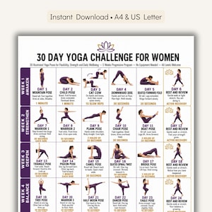Op de afbeelding: Een 30-dagen yoga challenge schema met geïllustreerde houdingen in paarse sportkleding. Het rooster toont dagelijkse oefeningen ingedeeld in weken genaamd Awaken, Strengthen, Deepen en Balance, inclusief tekstinstructies voor elke yogahouding.