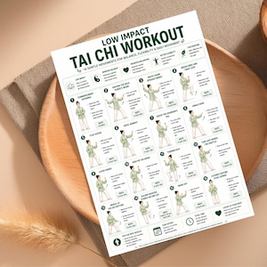 May include: A white Tai Chi workout guide with green text and illustrations. The guide features 16 gentle movements for balance, flexibility, and daily movement. The guide is on a wooden tray.