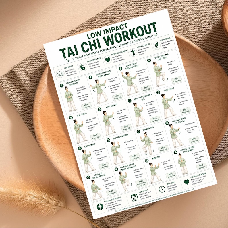 May include: A white Tai Chi workout guide with green text and illustrations. The guide features 16 gentle movements for balance, flexibility, and daily movement. The guide is on a wooden tray.