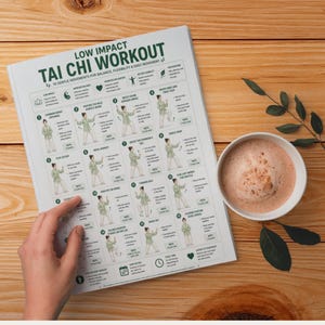 May include: A white booklet titled "Low Impact Tai Chi Workout" with illustrations of Tai Chi movements. A hand points to the booklet on a wooden surface, next to a cup of coffee and a sprig of leaves.