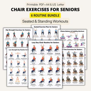 Puede incluir: Un paquete de guías de ejercicios imprimibles para personas mayores, con entrenamientos sentados y de pie. Las guías incluyen "Chair Exercises for Seniors", "6 Routine Bundle" y "Seated & Standing Workouts". Las guías están en formato PDF, A4 y US Letter.