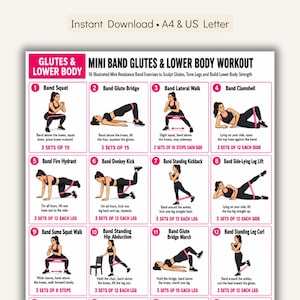 Mini Band Glutes & Lower Body Workout, Printable Exercise Chart PDF, 16 Illustrated Resistance Band Moves for Women, A4  US Letter