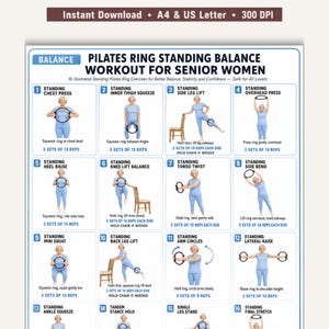 Pilates Ring Balance Workout for Senior Women, Printable Magic Circle Standing Exercise Chart PDF, Gentle Home Workout Over 60, A4 US Letter