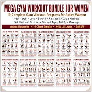 Mega Gym-träningspaket för kvinnor 10 utskrivbara diagram PDF, Push Pull-ben, skivstång, kettlebell, kabelmaskin, styrketräning