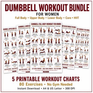 Könnte beinhalten: Ein Set aus fünf druckbaren Trainingsplänen mit dem Titel DUMBBELL WORKOUT BUNDLE FOR WOMEN. Jedes Blatt zeigt 16 illustrierte Hantelübungen mit nummerierten Schritten und Wiederholungszahlen. Der Text enthält Full Body, Upper Body, Lower Body, Core, HIIT, 80 Exercises, No Gym Needed, Instant Download, A4 & US Letter und 300 DPI.
