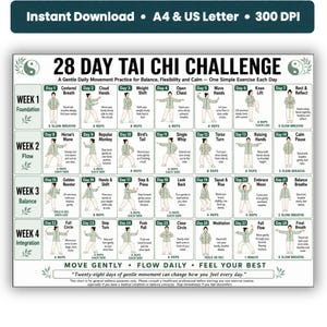 28 Day Tai Chi Challenge Printable Chart, 4 Week Tai Chi Program for All Levels, Gentle Daily Movement Routine PDF, Tai Chi Workout Poster