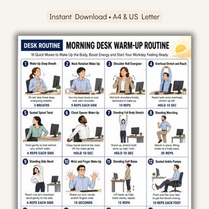 May include: A digital poster titled Morning Desk Warm-Up Routine featuring twelve illustrated panels of individuals performing exercises. Each panel includes a numbered step, a descriptive title, instructions, and repetition counts for a workday routine.