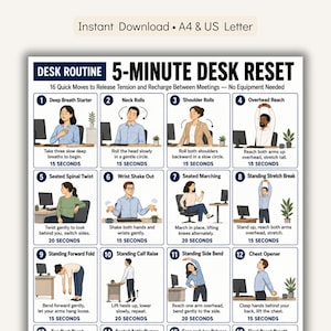 Pode incluir: Um cartaz digital intitulado 5-Minute Desk Reset com 16 ilustrações numeradas de alongamentos de escritório. Cada caixa inclui um título, uma breve instrução e uma duração em segundos. O layout está organizado em formato de grade.