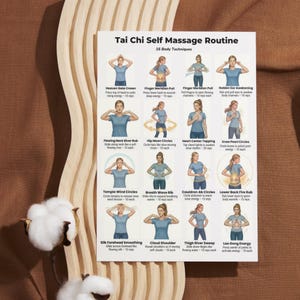 Tai Chi self massage routine printable showing energy flow exercises and gentle movement chart for daily practice