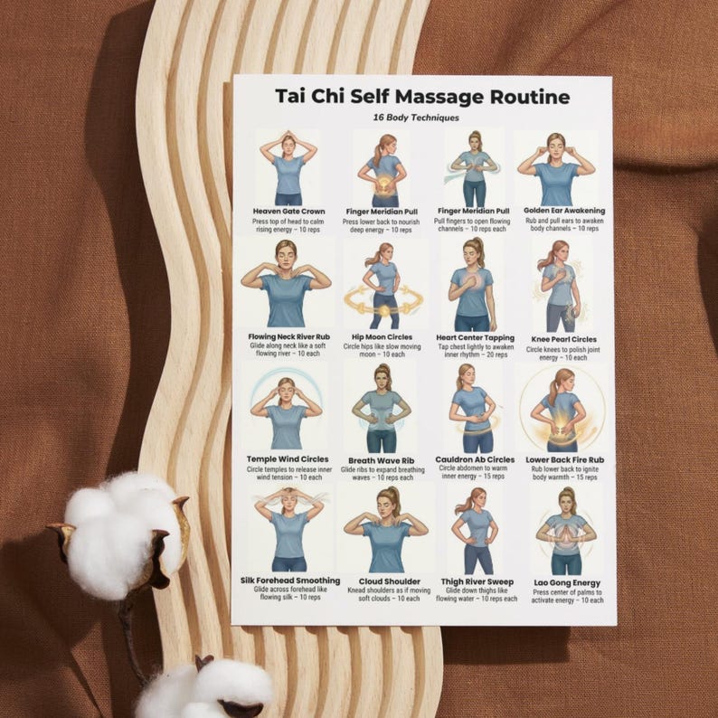 Tai Chi self massage routine printable showing energy flow exercises and gentle movement chart for daily practice
