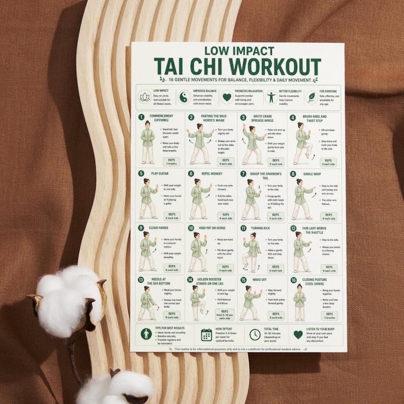 May include: A white poster with the title "LOW IMPACT TAI CHI WORKOUT" and illustrations of 16 gentle movements. The poster is on a brown surface with a cotton plant in the corner.