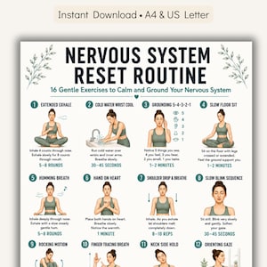May include: A printable guide titled "NERVOUS SYSTEM RESET ROUTINE" with 16 gentle exercises for calming and grounding. The guide includes illustrations and instructions for each exercise, such as extended exhale and slow floor sit.