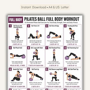 May include: A Pilates ball full body workout chart featuring 16 illustrated exercises with purple exercise balls. The poster includes numbered steps, descriptive text for each movement, and repetition counts. The layout is organised in a grid format.