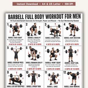 May include: A white instructional poster titled BARBELL FULL BODY WORKOUT FOR MEN featuring 16 numbered illustrations of exercises with black text descriptions, red set and rep counts, and red arrows indicating movement for strength training.
