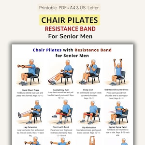 Può includere: Tabella di esercizi PDF stampabile per Chair Pilates con fascia di resistenza per uomini senior. Include esercizi illustrati come Band Chest Press e Bicep Curl. Formato A4 e US Letter.