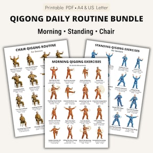 May include: A set of printable Qigong exercise guides, including routines for morning, standing, and chair exercises. Each guide features illustrated movements with instructions. The text includes "QIGONG DAILY ROUTINE BUNDLE" and "Morning • Standing • Chair".