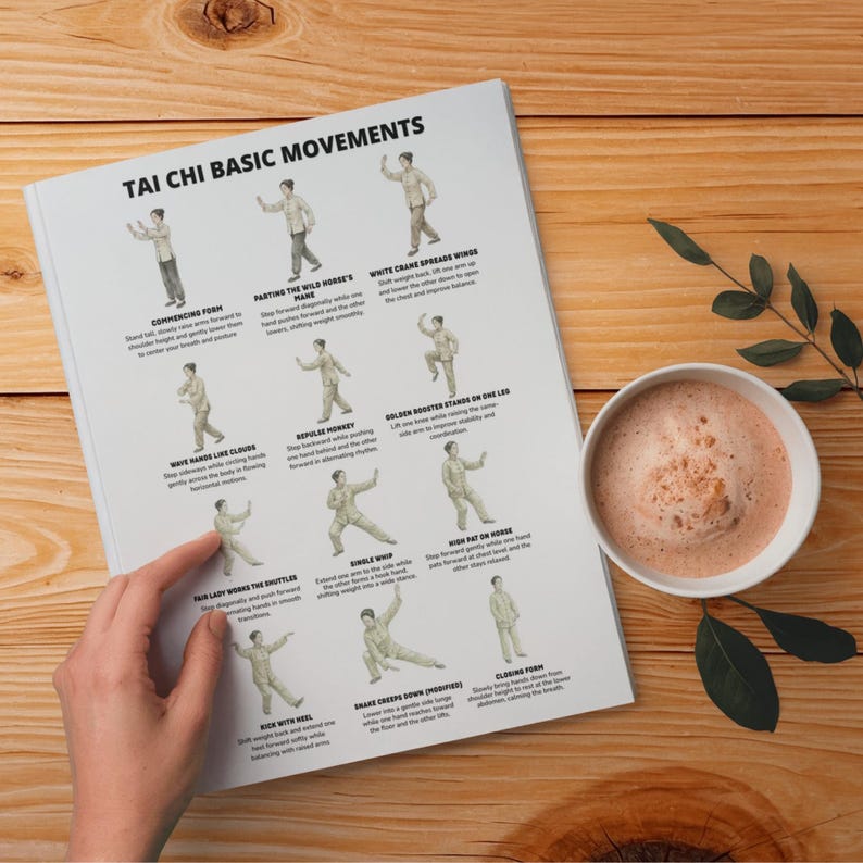 Tai Chi basic movements printable chart showing classic forms arranged in a gentle daily routine layout.