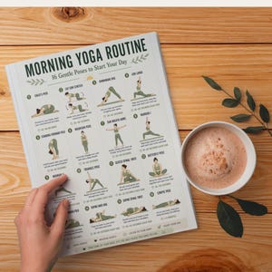May include: A printed guide titled "MORNING YOGA ROUTINE" with 16 gentle poses to start the day. The guide is on a wooden surface, next to a cup of coffee. The guide includes illustrations and instructions for each yoga pose.