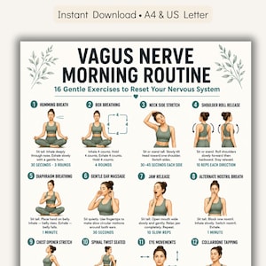 Peut inclure: Une affiche blanche avec le texte "VAGUS NERVE MORNING ROUTINE" et des illustrations de 16 exercices doux. L'affiche comprend des instructions pour chaque exercice, comme la respiration du bourdonnement, la respiration carrée et l'étirement latéral du cou.